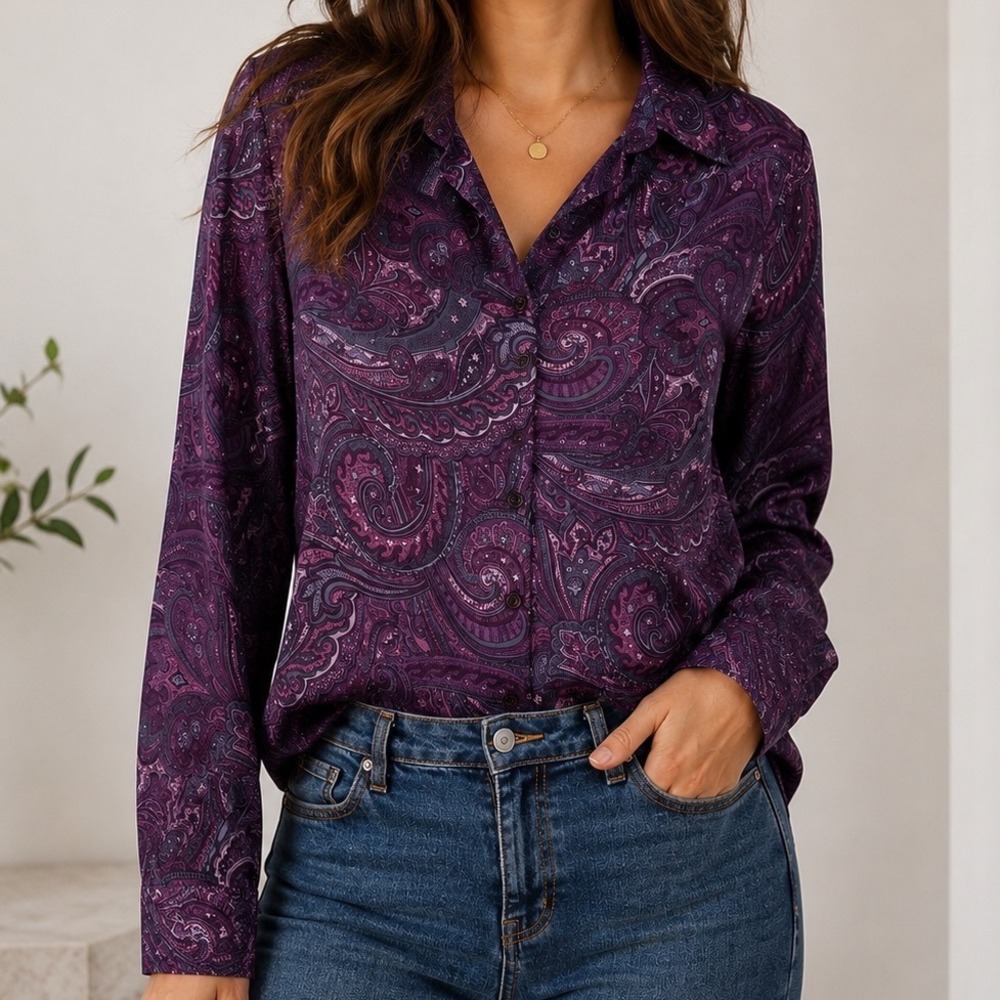 Real Clothes 100% Silk Blouse Womens 8 Purple Paisley Button Front Vintage